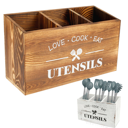 Wood Kitchen Utensil Holder & Organizer – Large Spoon, Fork & Silverware Storage Caddy Rack for Countertop Kitchen Tableware Storage Container