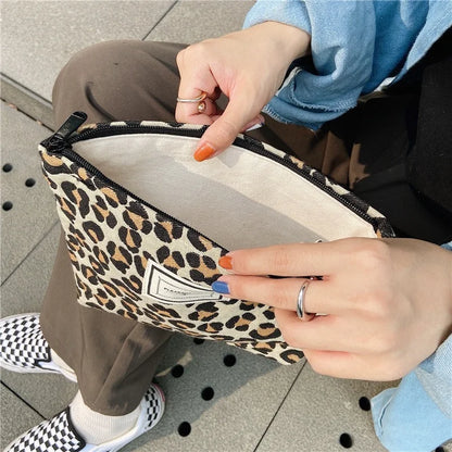 Large Leopard Print Cosmetic Bag for Women — Waterproof Canvas Makeup Organizer with Zipper, Travel Toiletry & Beauty Case
