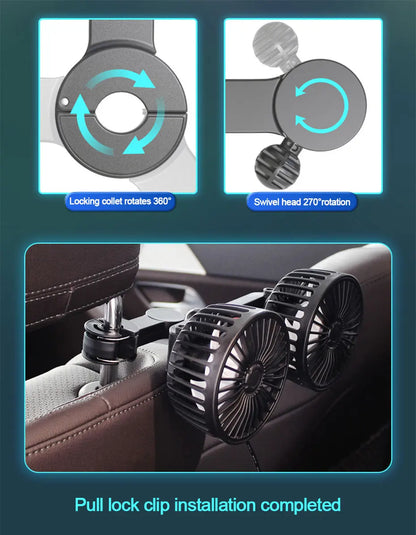 3-Speed Dual Head Car Seat Back Cooling Fan – USB Rechargeable 360° Rotation Neck Cooler for Summer Car Accessories