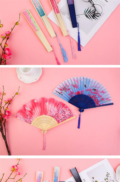 Bamboo Folding Fan with Silk — Chinese & Japanese Style Handheld Fan, Antique Art Craft for Summer Dance, Home Decor & Party