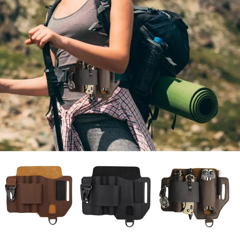 Men’s Leather EDC Belt Sheath Organizer – Pocket Multitool Pouch with Pen & Flashlight Holder