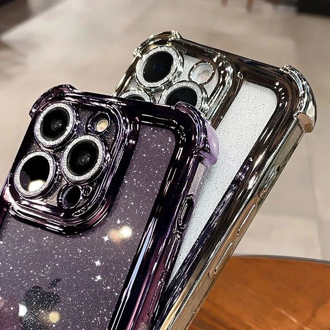 Luxury Glitter Bling Transparent Silicone iPhone Case for 16/16 Plus/15/14/13/12/11 Pro Max – Plated Airbag Shockproof TPU Cover