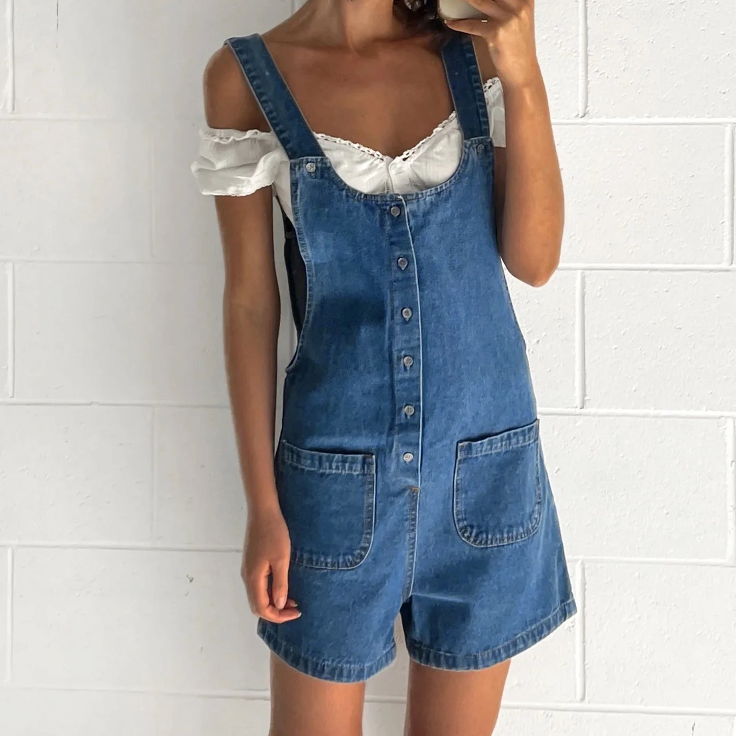 Women's Denim Bib Overall Shorts - Button Front Wide Leg Jean Jumpsuit with Pockets
