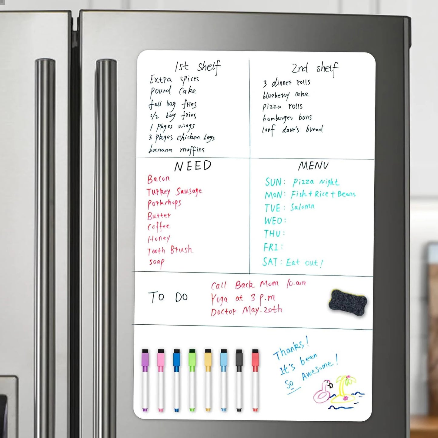 A2 Magnetic Dry Erase Whiteboard for Fridge – 23.6" x 16.5" Board with 8 Markers & Eraser