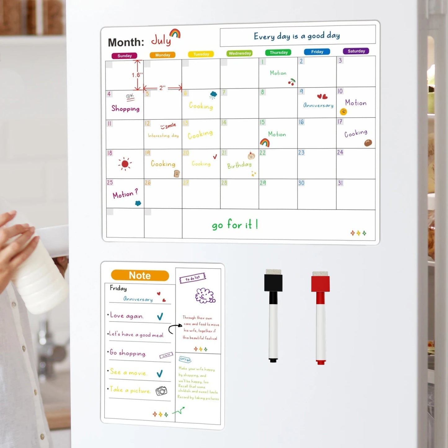 Magnetic Fridge Calendar — Monthly & Weekly Planner Whiteboard with Pen, Dry Erase Message & Sticker Board