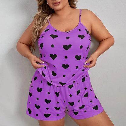 Plus Size Heart Print Pajama Set – Women’s Sleeveless Crop Top & Elastic Waist Shorts Nightwear