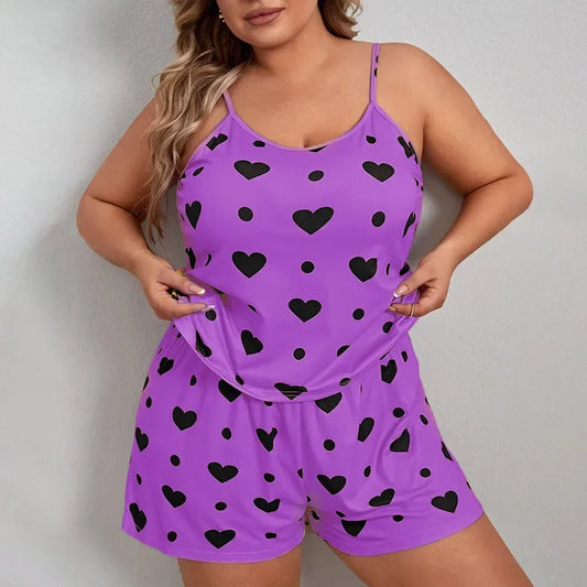 Plus Size Heart Print Pajama Set – Women’s Sleeveless Crop Top & Elastic Waist Shorts Nightwear