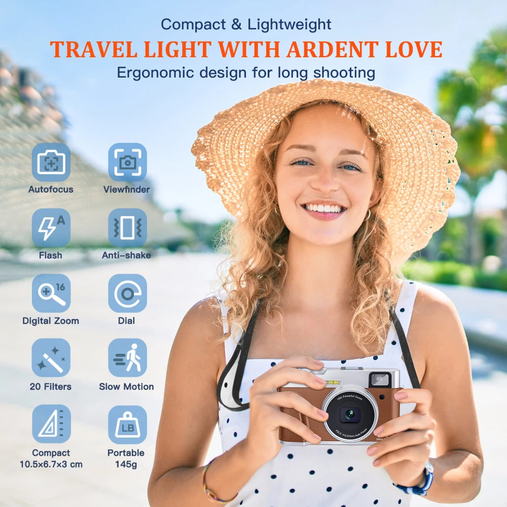 4K Digital Camera – 48MP Auto Focus Vlogging Camera for YouTube, Anti-Shake, Viewfinder, Flash & Dial (Brown)