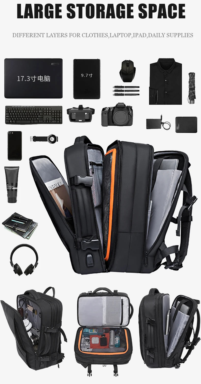 BANGE Expandable Men’s Waterproof Laptop Backpack – 17.3" Large Capacity Hiking & Travel Bag