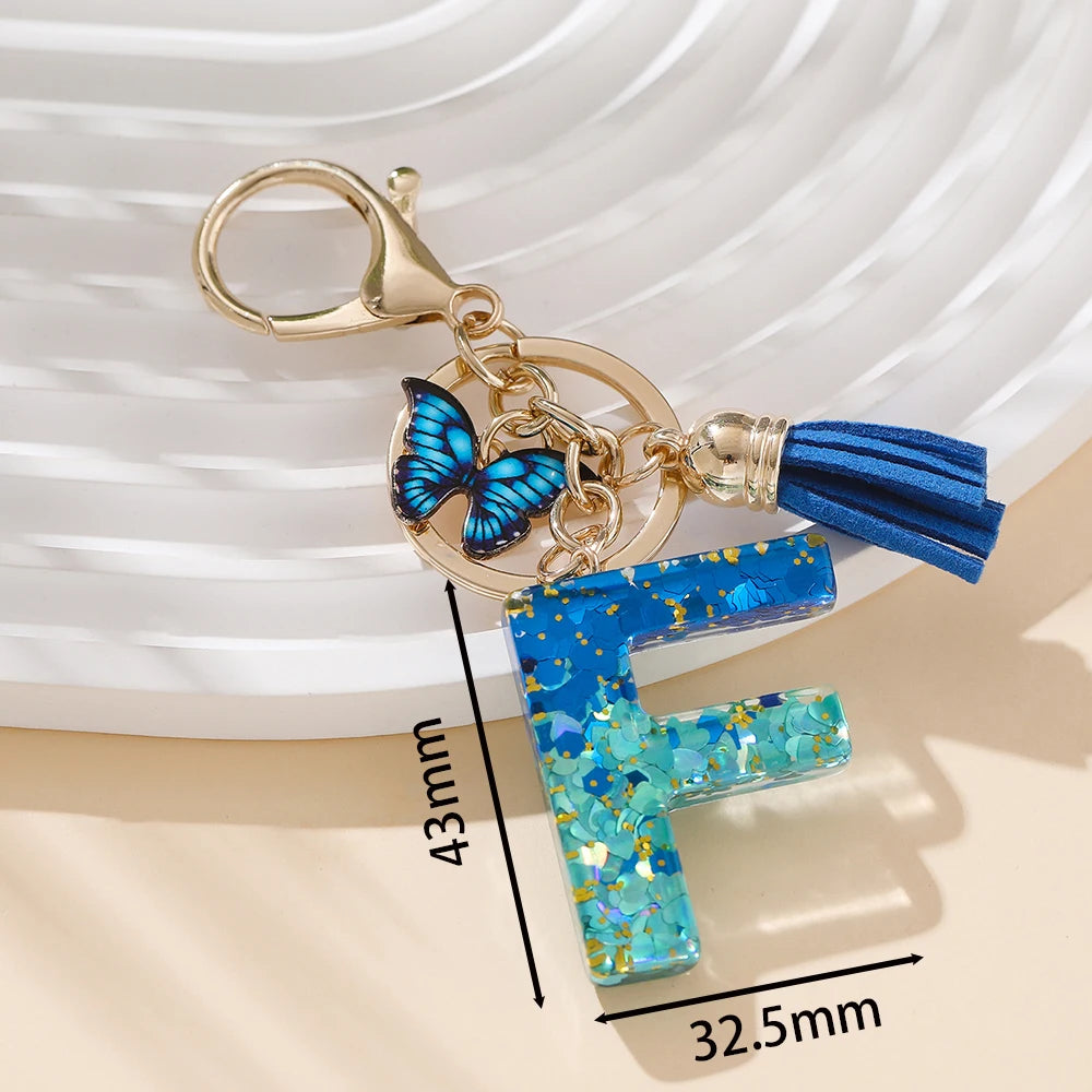 Royal Blue Butterfly Initial Keychain - Alloy Alphabet Letter & Tassel Backpack Charm