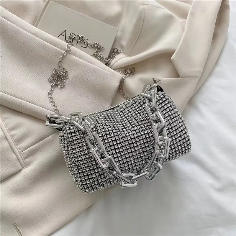Allover Rhinestone Bucket Bag – Glitter Chain Prom Purse, Women's Mini Crossbody Bag (6.3 x 3.54 Inches)