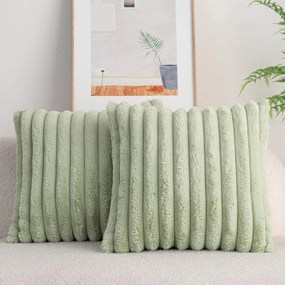 Faux Rabbit Fur Square Cushion Cover – Thick Striped Super Soft Solid Color Pillow, 45x45cm Sofa Decor