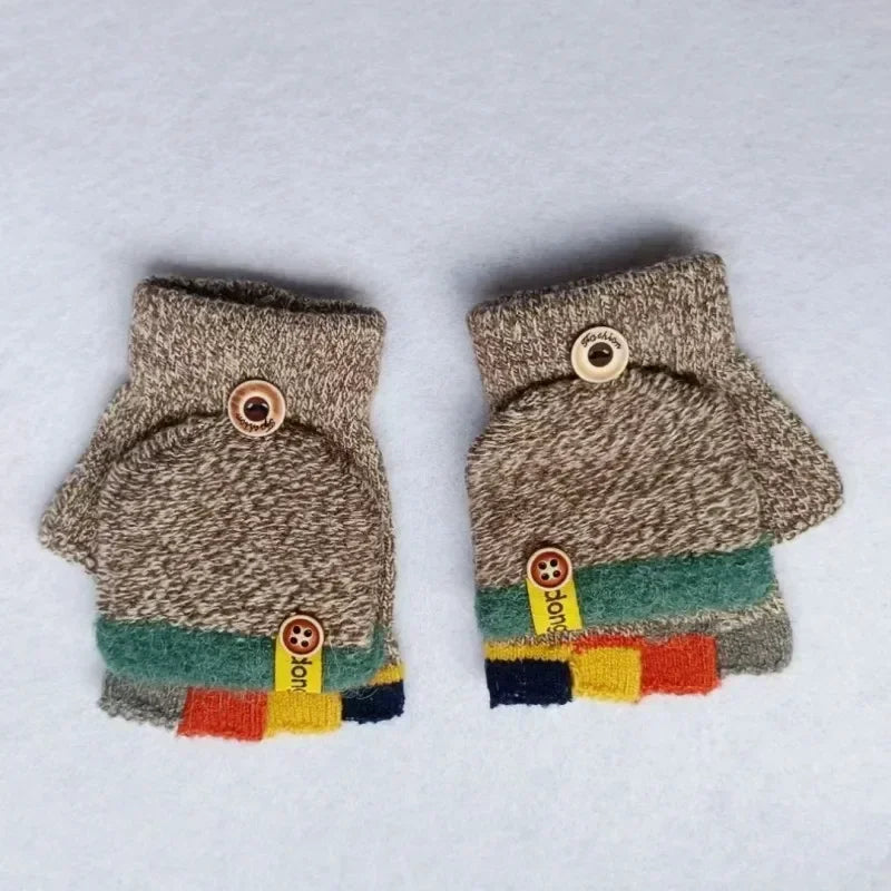 Kids’ Half-Finger Flip Gloves - Warm Jacquard Autumn Winter Gloves for Children and Students