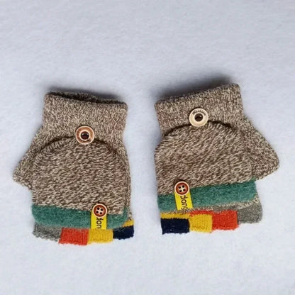 Kids’ Half-Finger Flip Gloves - Warm Jacquard Autumn Winter Gloves for Children and Students