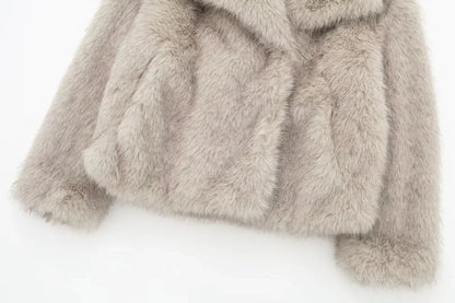 TRAF 2024 Women's Cropped Faux Fur Jacket – Chic Lapel Collar, Long Sleeve, Front Snap-Button Thick Coat