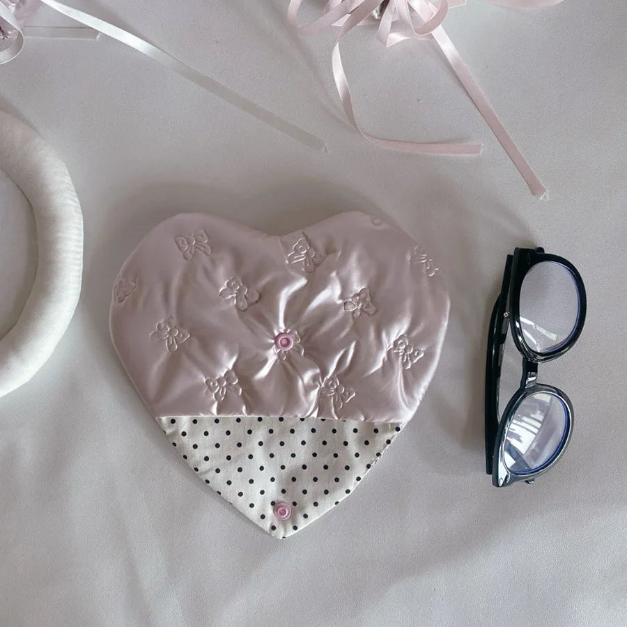 Pink Heart Bow Glasses Case - PU Leather Eyewear Storage Pouch with Embossed Pattern Design