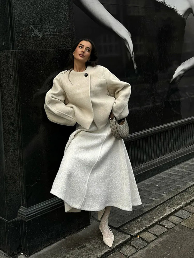 2024 Women's Elegant Solid Wool Blend Cardigan Coat – Round Neck, Single Button, Long Sleeve High Street Outwear