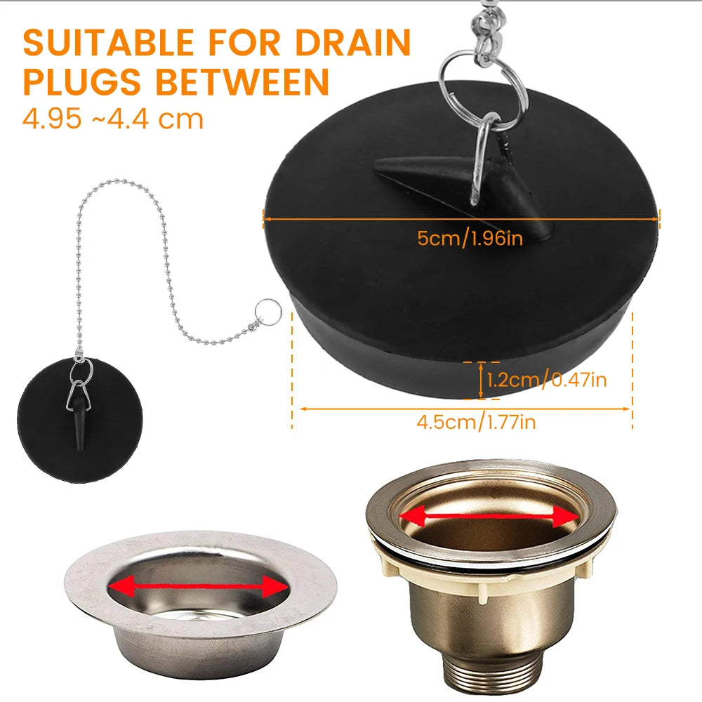 8/2PC Universal Sink Plug — Rubber Drain Stopper with Round Beaded Chain for Kitchen & Bathroom