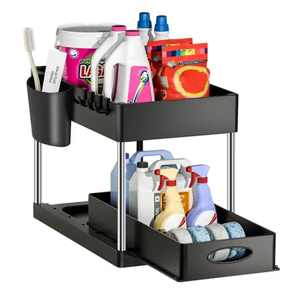 2-Tier Under Sink Sliding Organizer — Cabinet Basket Storage Rack with Hooks for Bathroom & Kitchen Cups