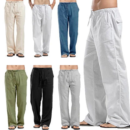 Men's Cotton Linen Pants – Summer Breathable Solid Color Casual Trousers with Elastic Waist