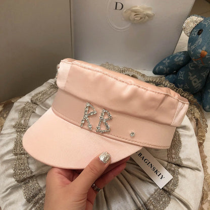 Designer Women’s Winter Newsboy Cap – Diamond Letter Baker Boy Hat with Visor, Stylish Warm Fashion Hat