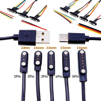Magnetic Pogo Pin Connector - 2–5 Pin Spring-Loaded Male/Female Power Socket, 2.54/2.8mm Spacing, USB Cable Compatible