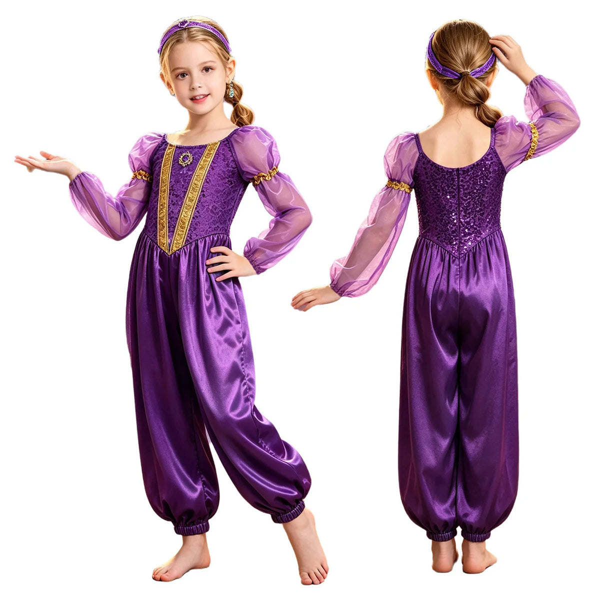 Girls Arabian Princess Costume - Metallic Sequin Bodice Tulle Satin Jumpsuit for Halloween, Carnival & Dance Performances