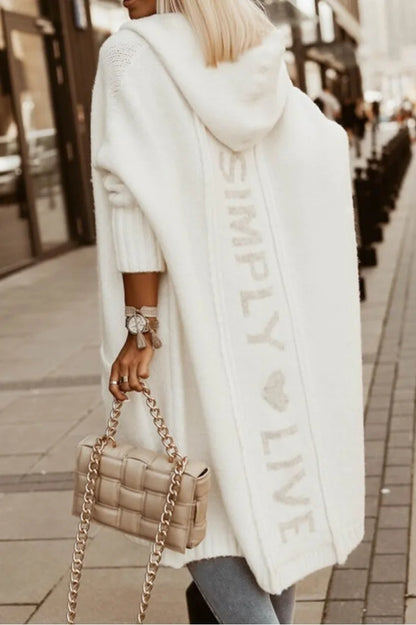 2023 Autumn/Winter Sweater Cardigan – Lapel Hooded Long Knit Coat with Letter Design, Loose Fit for Women