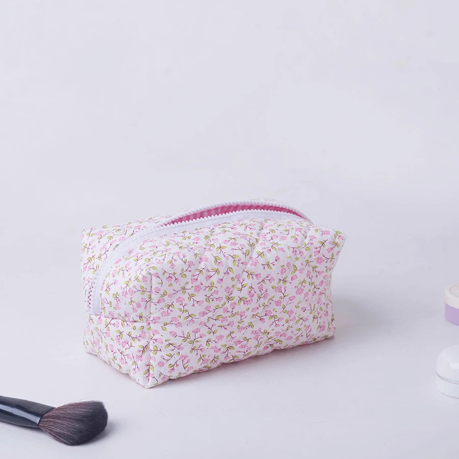 Floral Puffy Quilted Makeup Bag — Large Travel Cosmetic Organizer Pouch with Flower Print for Makeup Accessories
