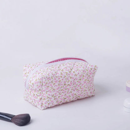 Floral Puffy Quilted Makeup Bag — Large Travel Cosmetic Organizer Pouch with Flower Print for Makeup Accessories