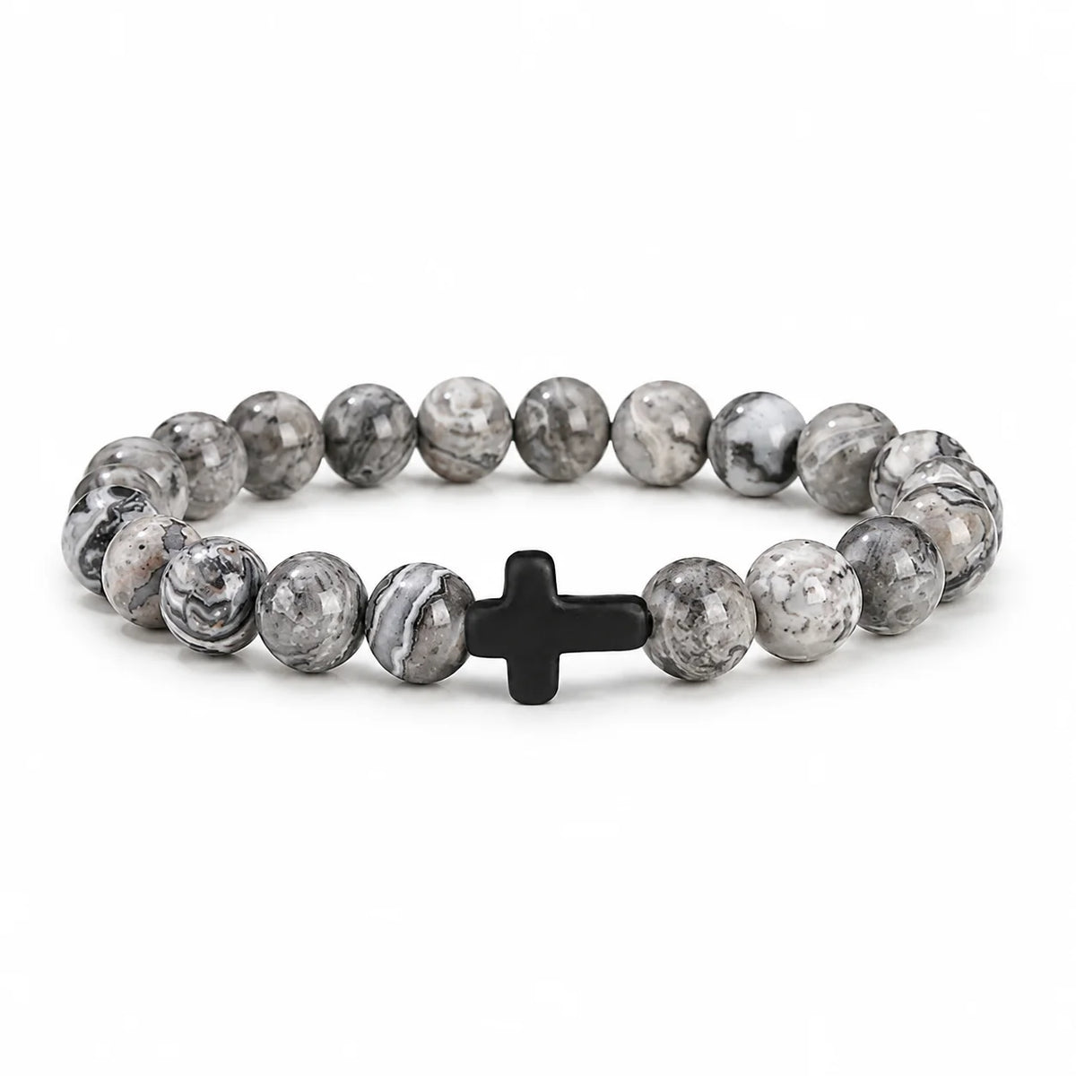 Natural Stone & Wood Bead Rosary Bracelet - Hematite Cross Meditation & Yoga Jewelry for Men & Women