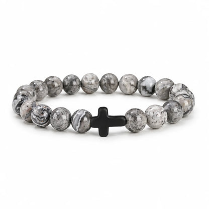 Natural Stone & Wood Bead Rosary Bracelet - Hematite Cross Meditation & Yoga Jewelry for Men & Women