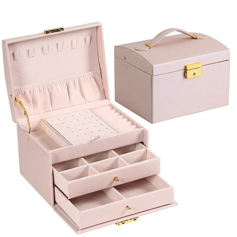 Multi-Functional Three-Layer Leather Jewelry Box – Drawer Style Organizer with Lock for Earrings