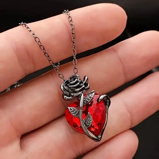 Gothic Rose Love Necklace - Y2K Grunge Style Silver Tone Human Heart Pendant Jewelry Gift for Women