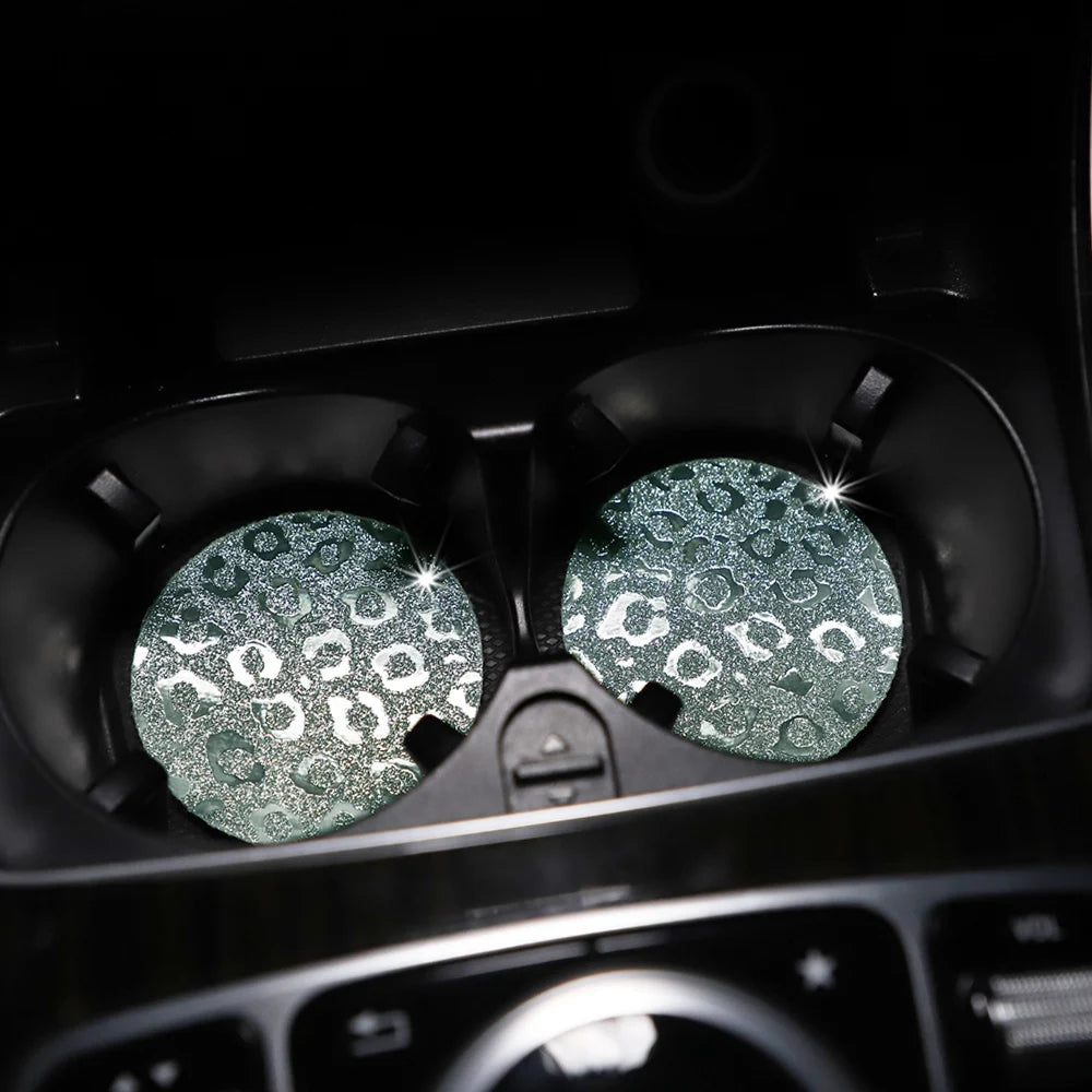 Waterproof Car Cup Holder Set - Glitter Leopard Print TPU Anti-Slip Interior Accessories
