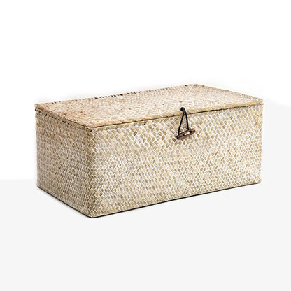 Hand-Woven Seaweed Storage Basket with Lid - Multi-Purpose Sundries Organizer, Cosmetic, Toy, and Clothes Container