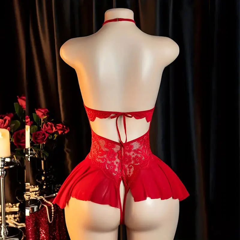 Front Clasp Lace Lingerie Set - Deep V Crotchless Corset Bra & Sexy Hollow Baby Doll Dress