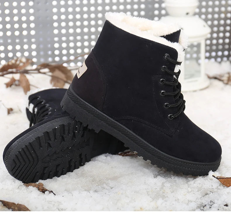 Women's Winter Fur Boots 2025 – Warm Ankle Snow Boots with Low Heels, Black Footwear for Women