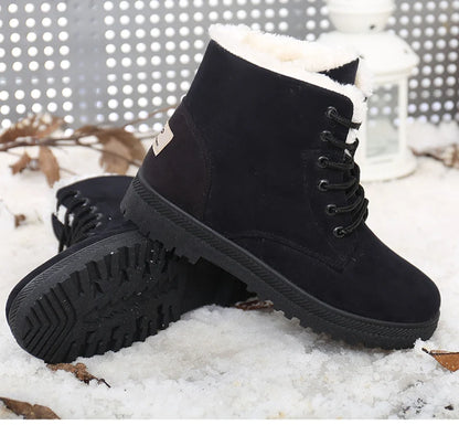 Women's Winter Fur Boots 2025 – Warm Ankle Snow Boots with Low Heels, Black Footwear for Women