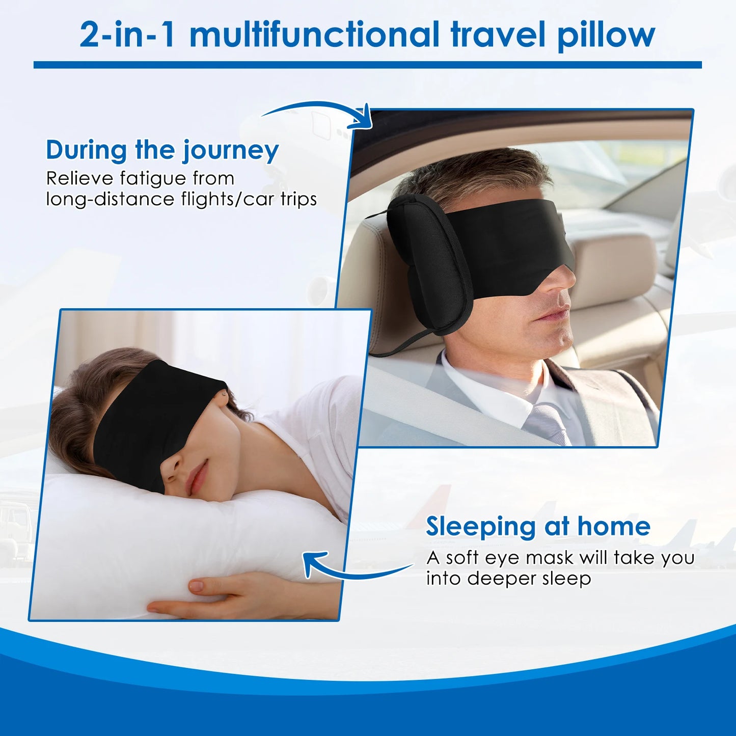 2-in-1 Travel Neck Pillow with Eye Mask & Storage Bag – 360° Support Cotton Airplane Headrest