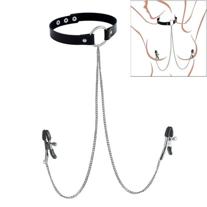Adjustable Nipple Clamp and Collar Leash Set - BDSM Bondage Chain Accessories with Punk-Inspired Jewelry Design