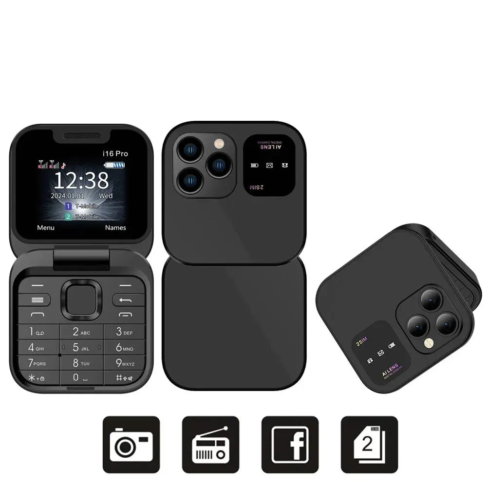 SERVO I16 Pro Mini Fold Mobile Phone — Dual SIM 2G GSM Flip Cellphone with Speed Dial, FM, 3.5mm Jack & Video Player