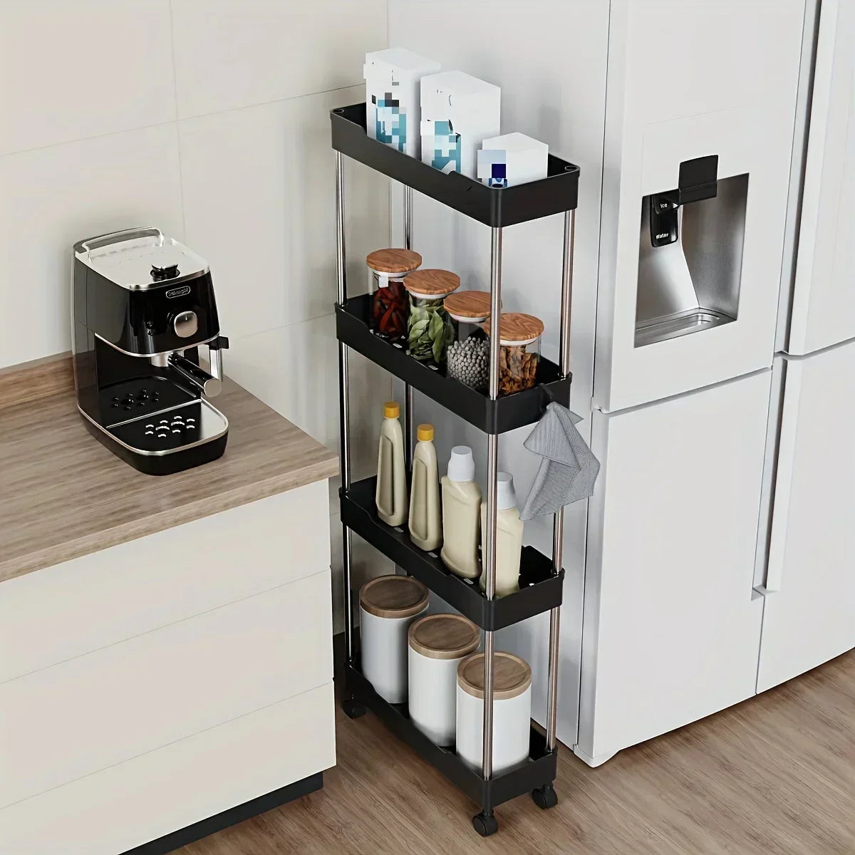 Bathroom Storage Rack with Wheels - 3/4 Layer Rolling Utility Cart & Multi-Purpose Corner Shelf Organizer