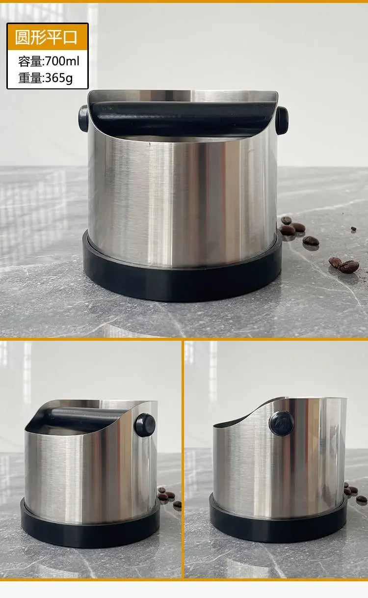Stainless Steel Coffee Knock Box – Non-Slip Espresso Ground Bin with Rubber Ring and Beveled Design