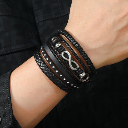 4Pcs Men's Braided Leather Bracelets Set – Vintage Life Tree & Rudder Charms, Wood Beads, Ethnic Tribal Wristbands