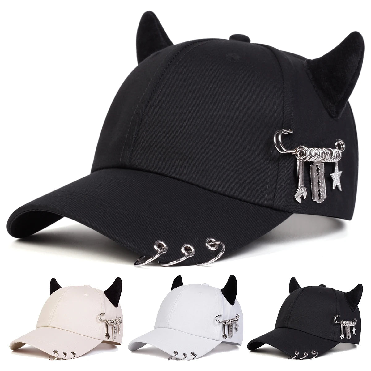 Unisex Cow Horn Baseball Cap - Personality Iron Ring Design, Adjustable Casual Outdoor Sun Hat for Spring & Autumn