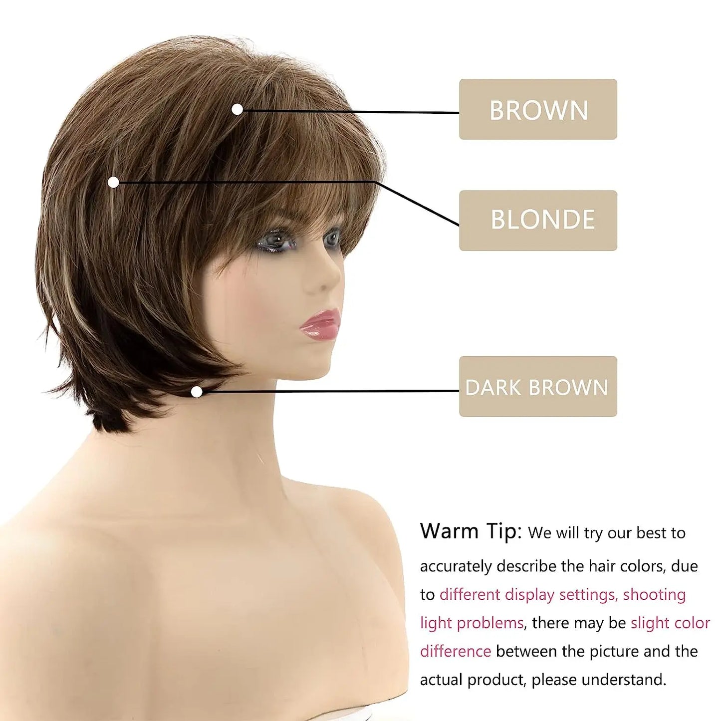 Brown Short Layered Pixie Cut with Blonde Highlights – Natural-Looking Synthetic Wig for White Women