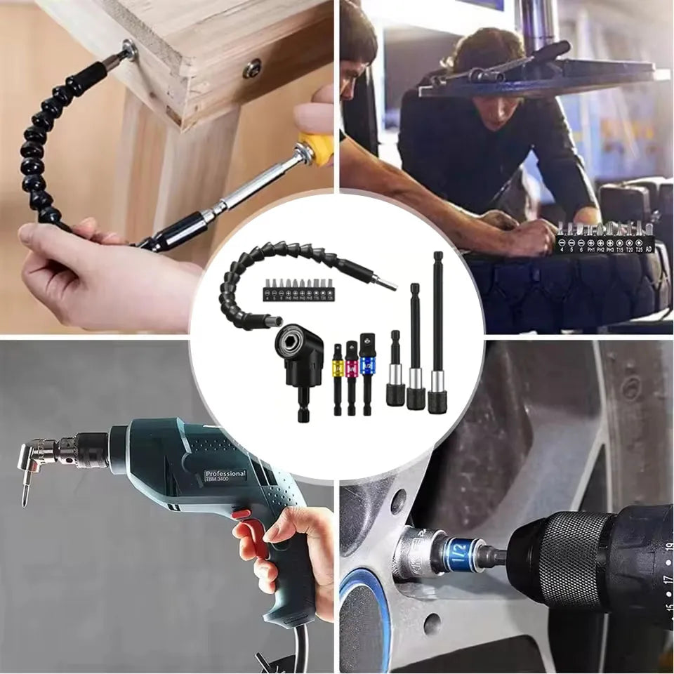 Flexible Drill Extension Kit – 105° Right Angle Drill Adapter with Universal Sleeve, Multi-Size Drill Extender Tool for Tight Spaces
