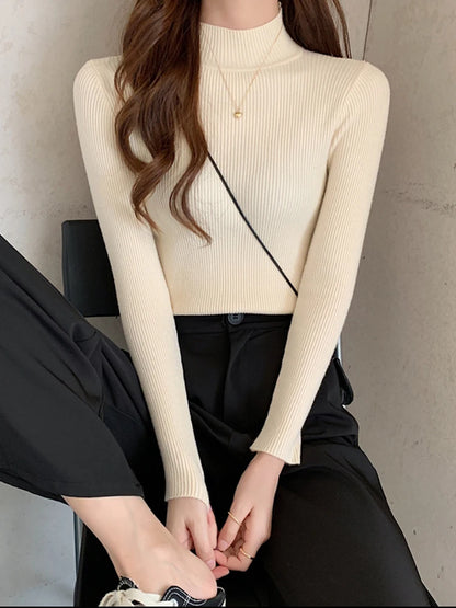 Autumn Winter Women's Mock Neck Sweater - Vintage Solid Knitted Casual Slim Pullover, Chic Korean Jumper Tops