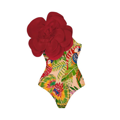 Blue One-Shoulder Ruffle Floral Monokini Swimsuit with Cover Up Sexy One Piece Beach Swimwear for Women Summer